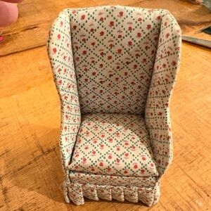 4” Dollhouse Vintage Miniature Chair floral fabric high back fireside chair